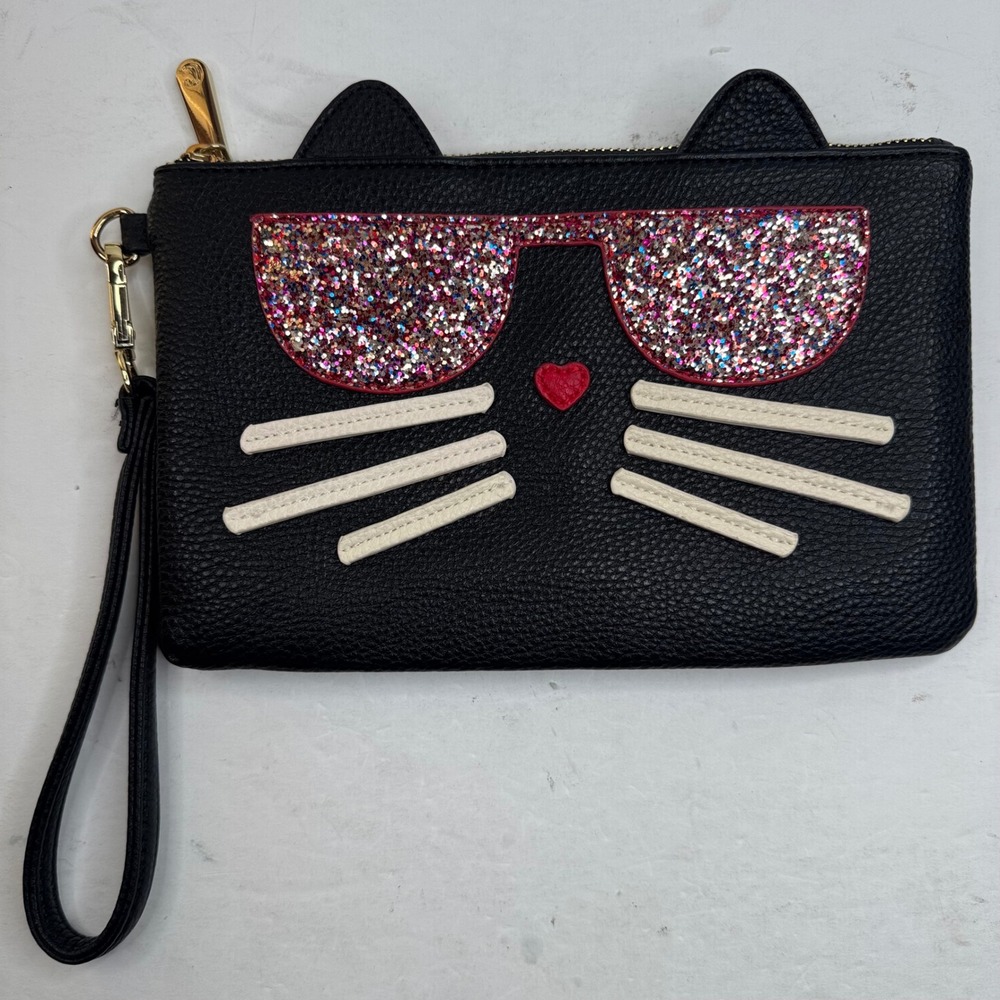 Charming Charlie Black Cat Face Wristlet Clutch Glitter Sunglasses Heart Nose